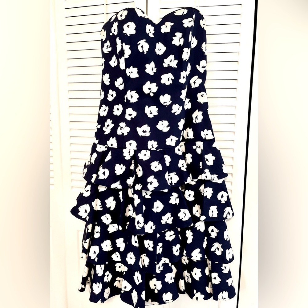 Vintage 80s 90s Dress Strapless Ruffled Cocktail Patty O’Neil Navy White Floral - Picture 3 of 8